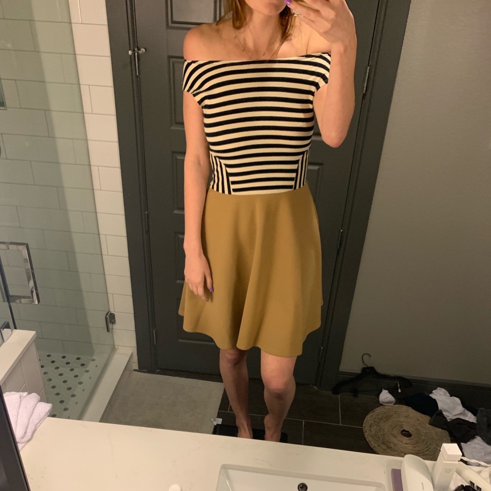 Versatile off the shoulder tan striped dress